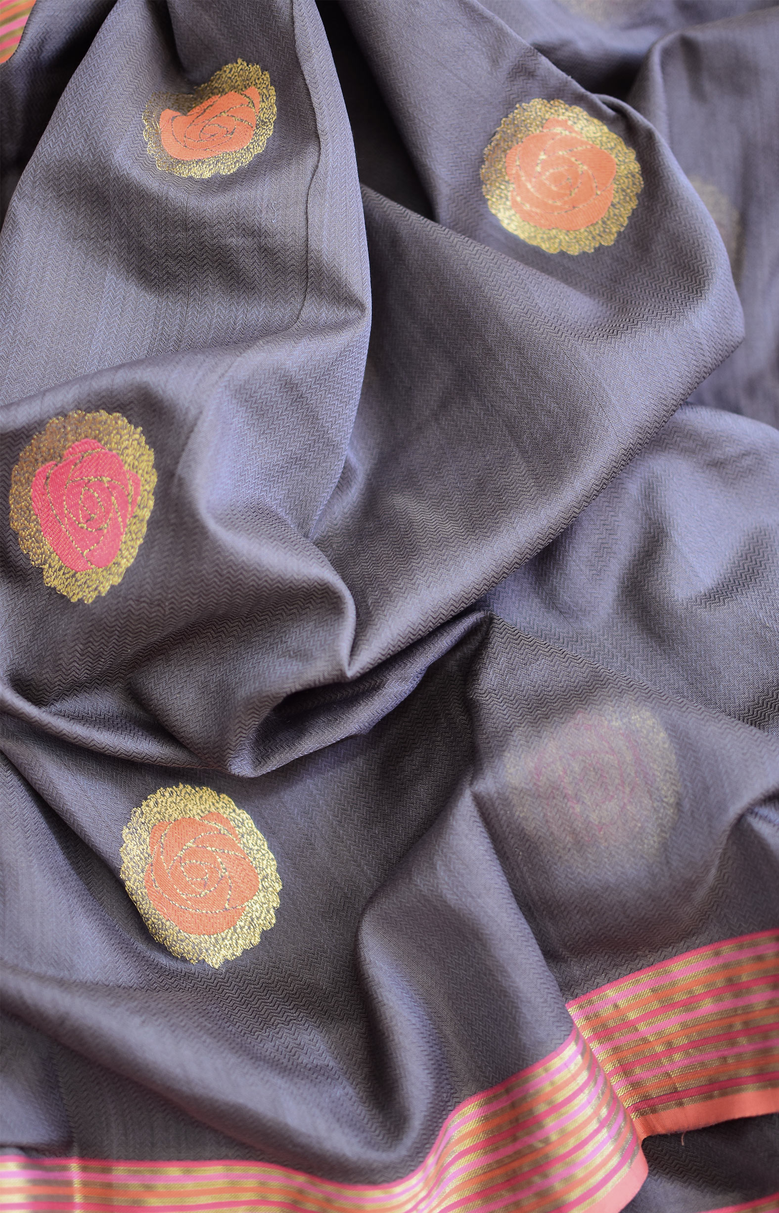 Greyish Brown, Handwoven Organic Cotton, Textured Weave , Jacquard, Festive Wear, Jari, Butta Saree